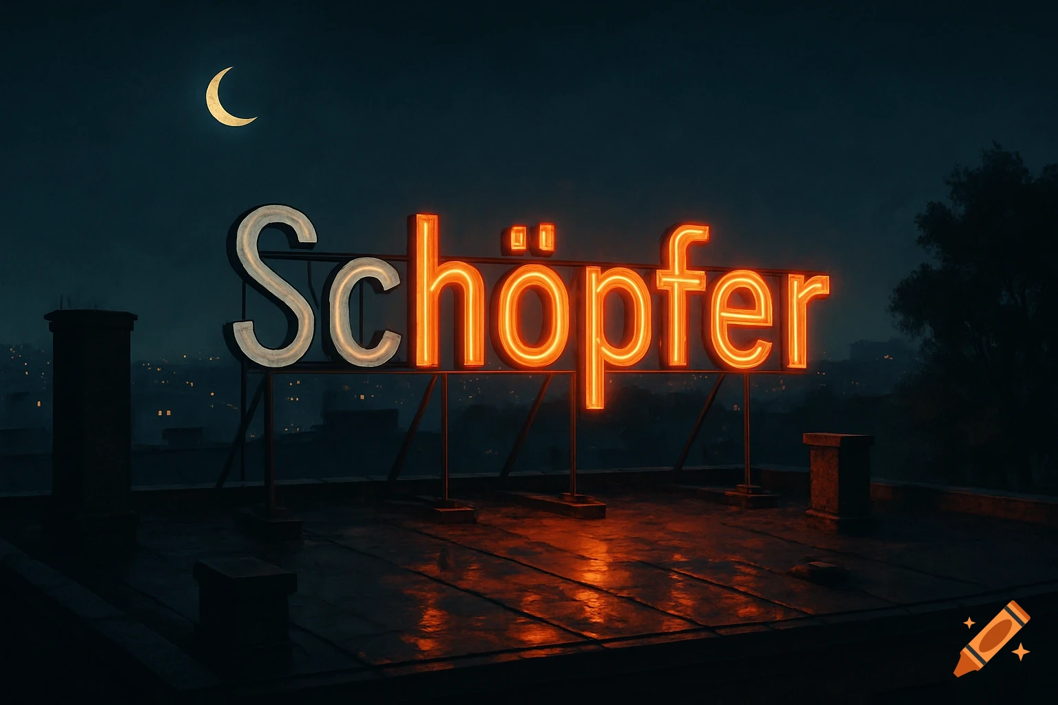 Orange neon sign spelling 'Schöpfer' with unlit 'Sch' and umlaut dots, on a wet rooftop at night under a crescent moon.