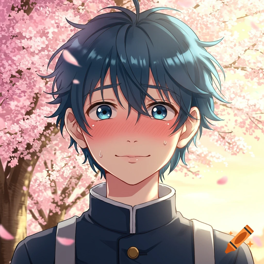 Anime boy with blue hair and a nervous blush under cherry blossom trees.