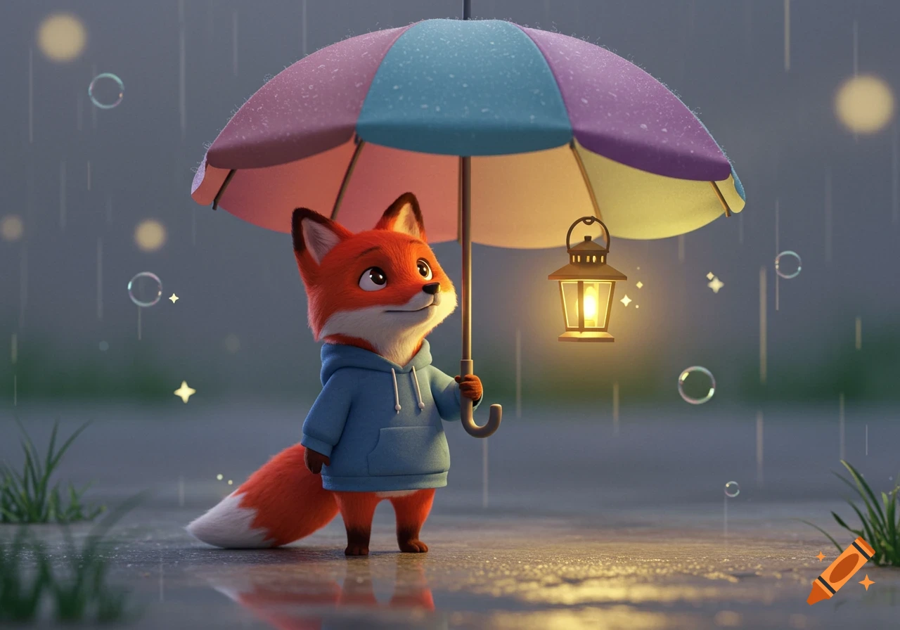 A cute animated red fox in a blue hoodie holds a glowing lantern under a colorful umbrella in the rain.