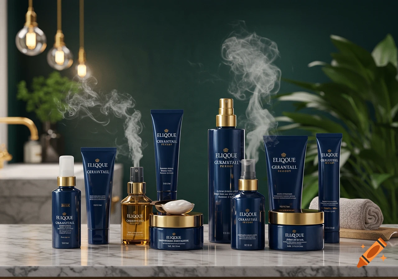 Navy blue and gold cosmetic bottles, jars, and tubes on a marble counter, with steam, hanging lights, and plants in the background.