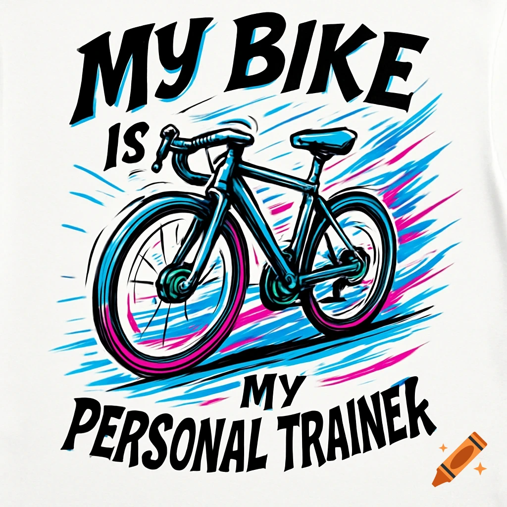 A stylized vector graphic of a blue and pink bicycle with an abstract background, with the text "MY BIKE IS MY PERSONAL TRAINEK".