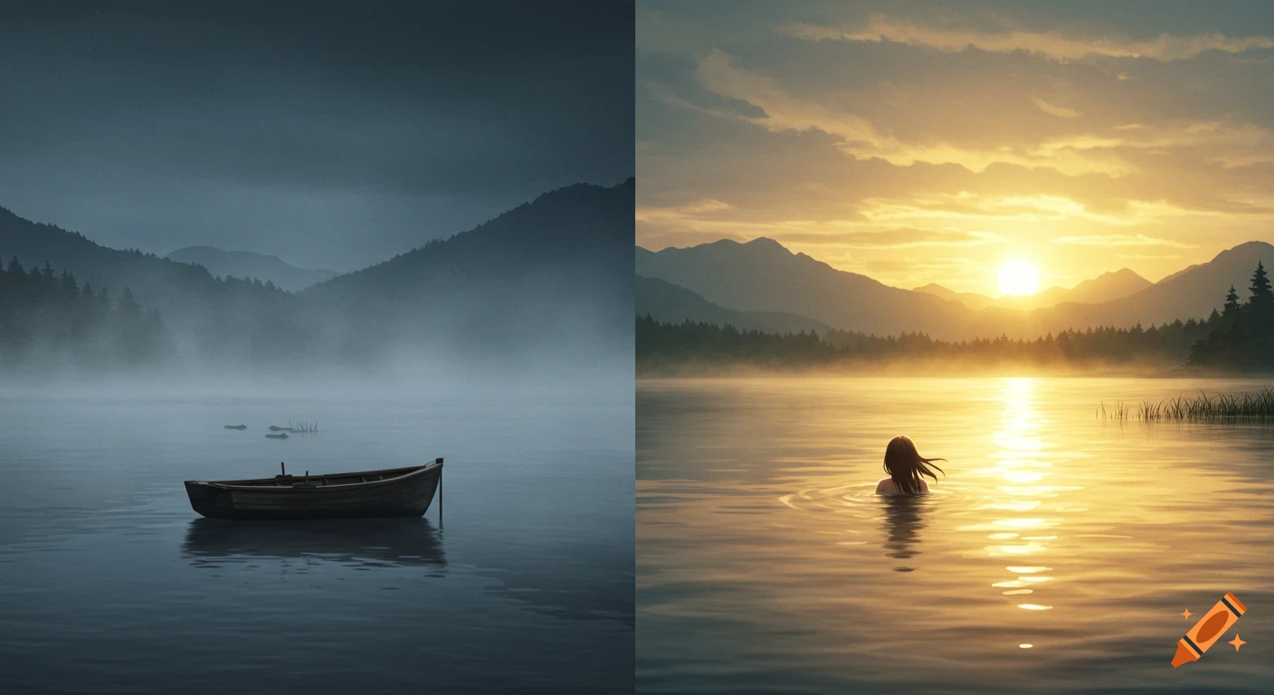 A split digital painting showing a dark, foggy lake with a boat on the left, and a bright, sunlit lake with a woman swimming on the right.