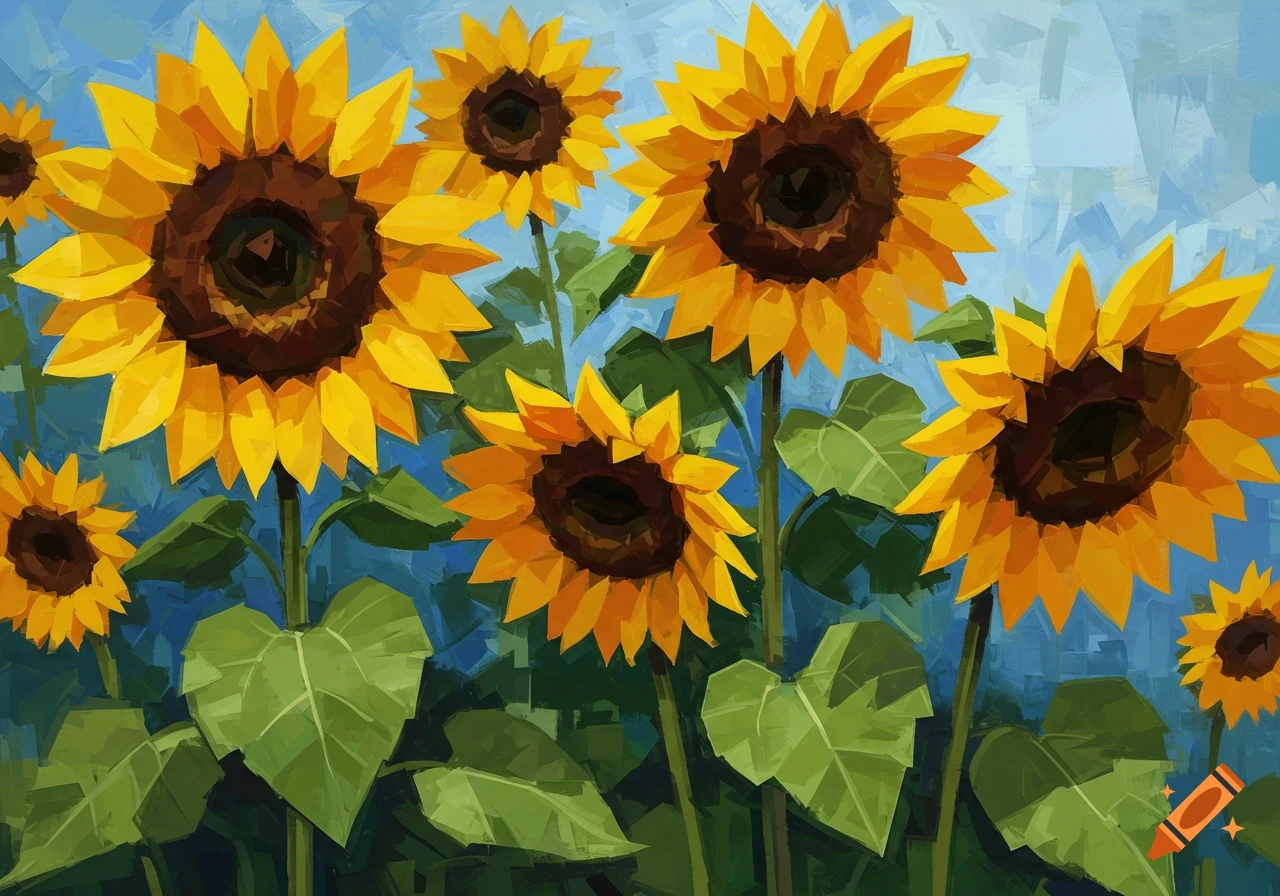 Stylized painting of yellow sunflowers with green leaves against a textured blue sky, reminiscent of a Picasso art style.