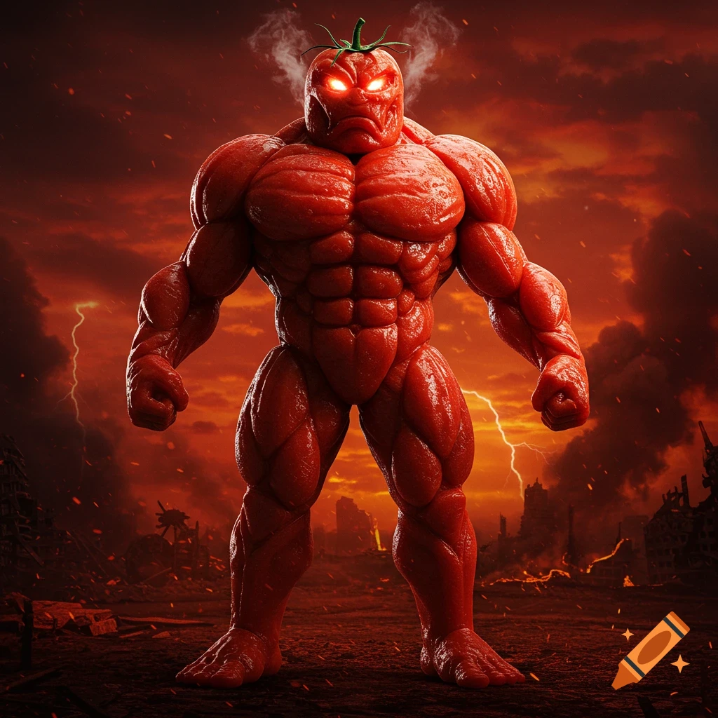 A muscular, humanoid tomato monster with glowing red eyes and steam emerging from its head stands in a fiery, apocalyptic wasteland.