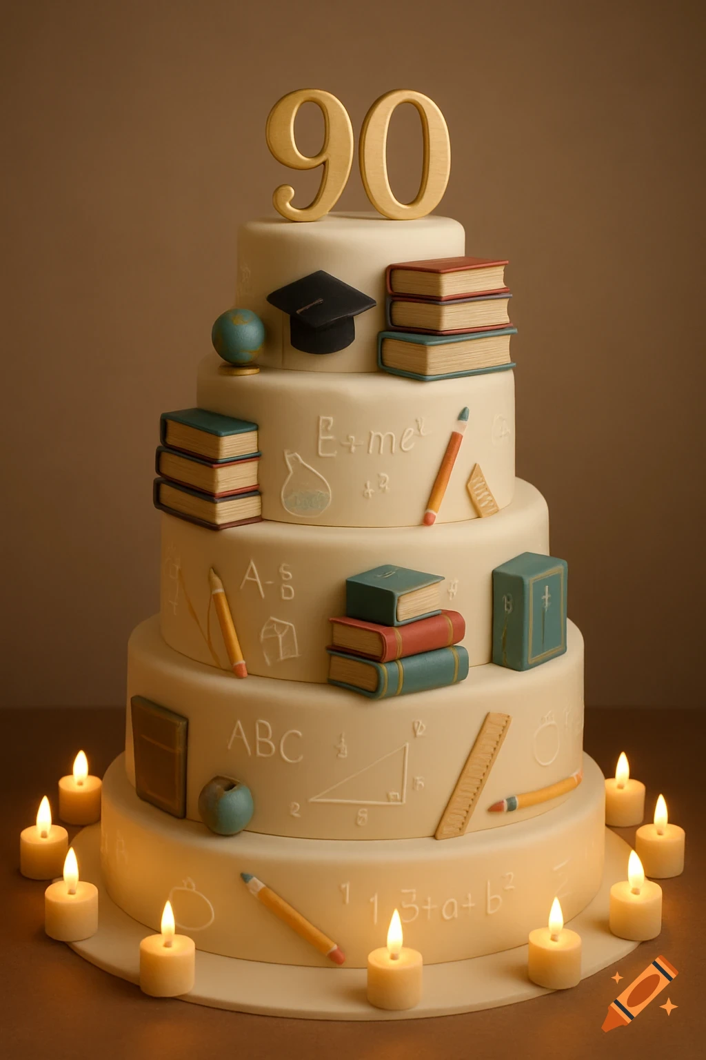 A five-tiered white cake with an education theme, adorned with miniature books, globes, graduation caps, pencils, and mathematical equations. The number "90" crowns the top, and small lit candles surround the base.