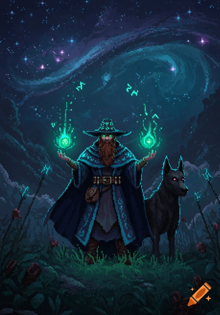 Pixel art of a wizard with a long beard and hat, casting spells with glowing green magic, standing with a black dog under a starry night sky.