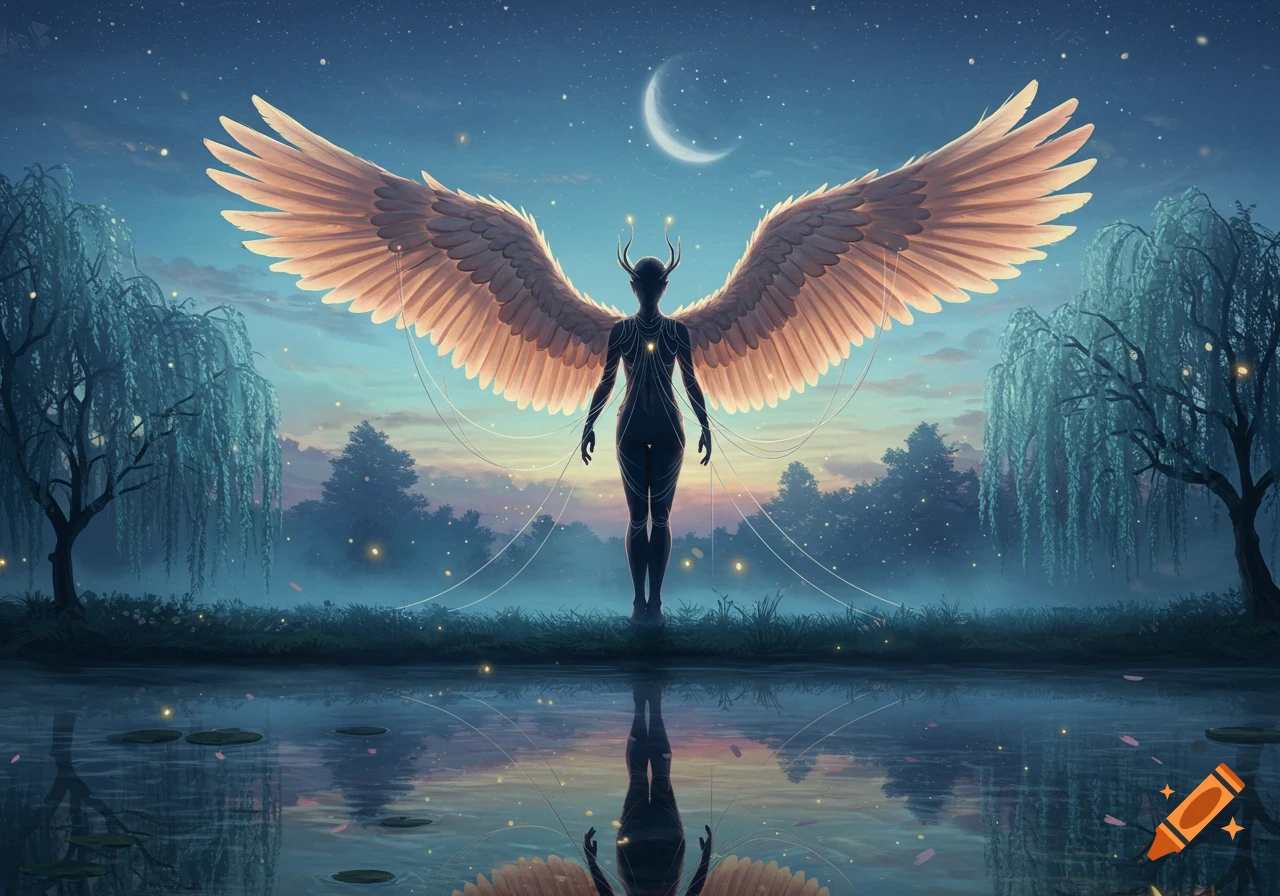 A dark, ethereal winged figure with horns stands in a serene, star-lit landscape with a crescent moon reflected in still water.