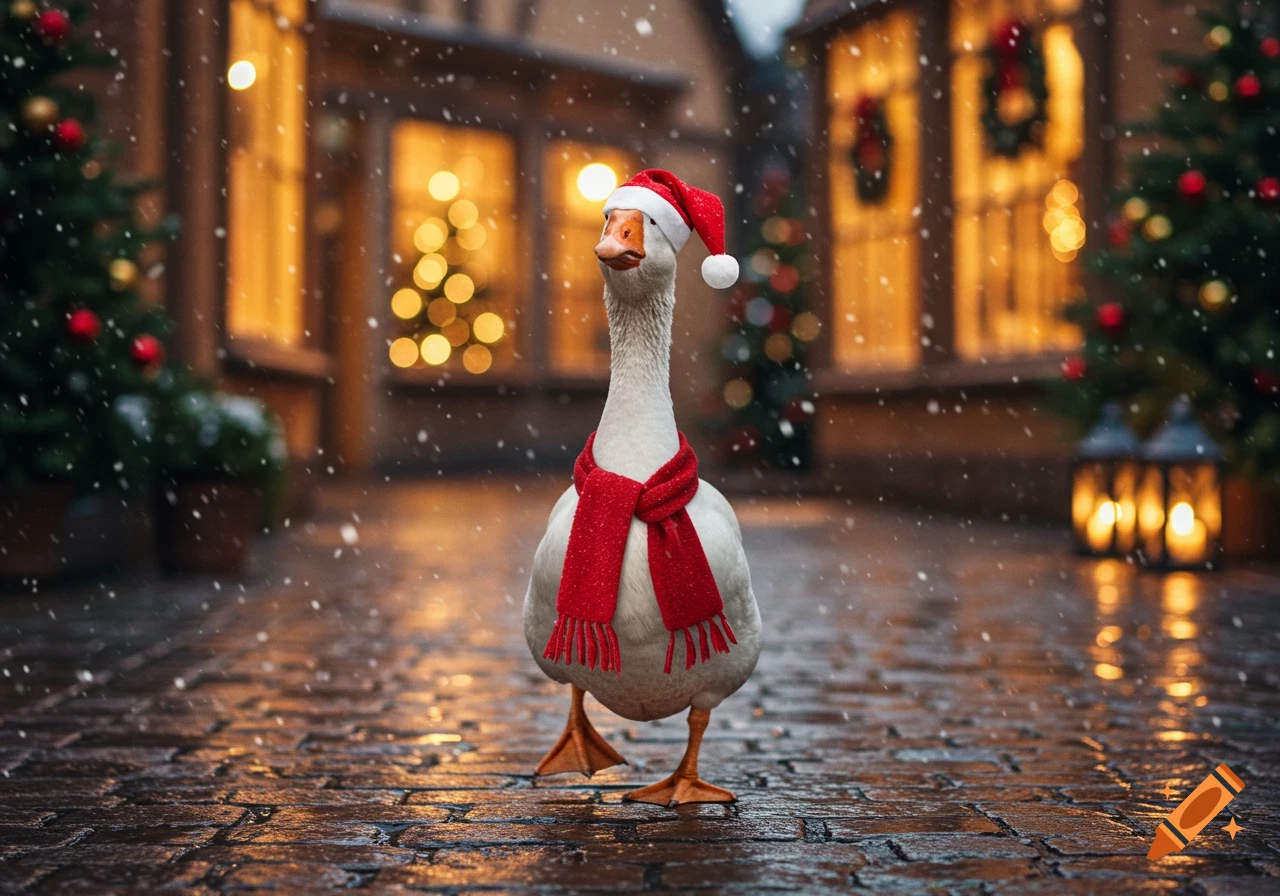 A white goose in a red Santa hat and scarf stands on a snowy street with festive lights in the background.