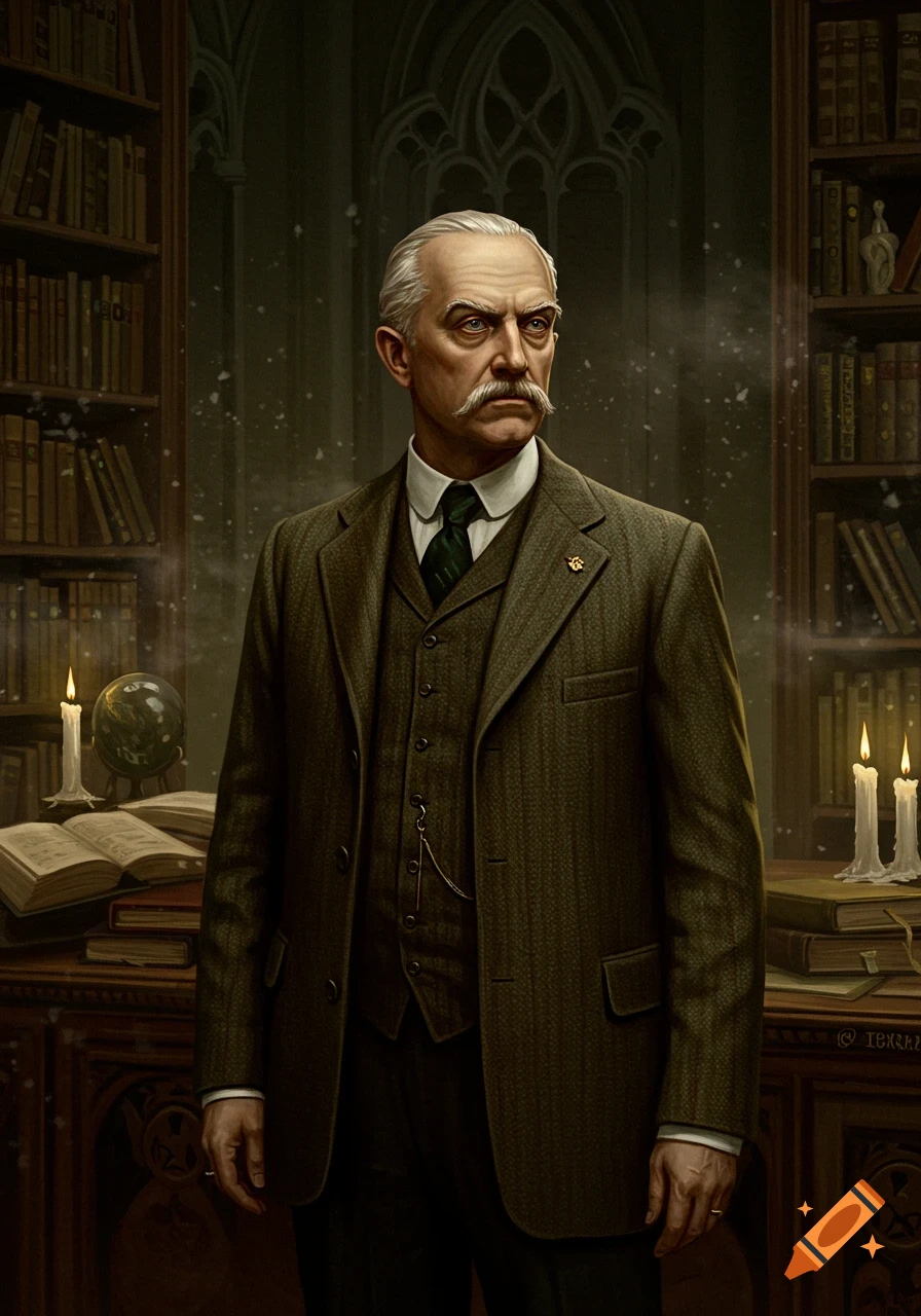 A distinguished man with a white mustache in a tweed suit stands in a candlelit library. Painted portrait.