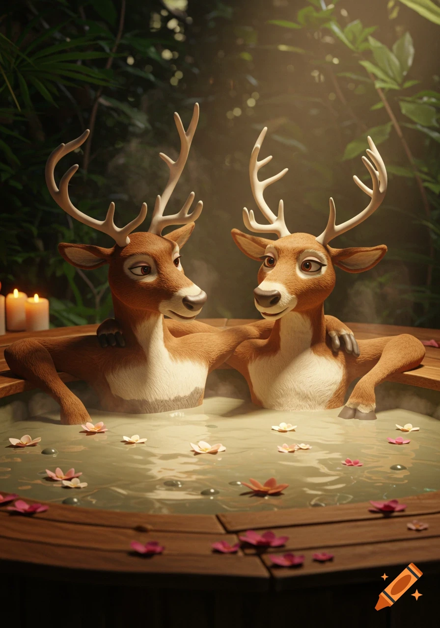 Two anthropomorphic deer relaxing in a wooden hot tub with floating flowers, surrounded by lush jungle and candlelight in 3D animation style.
