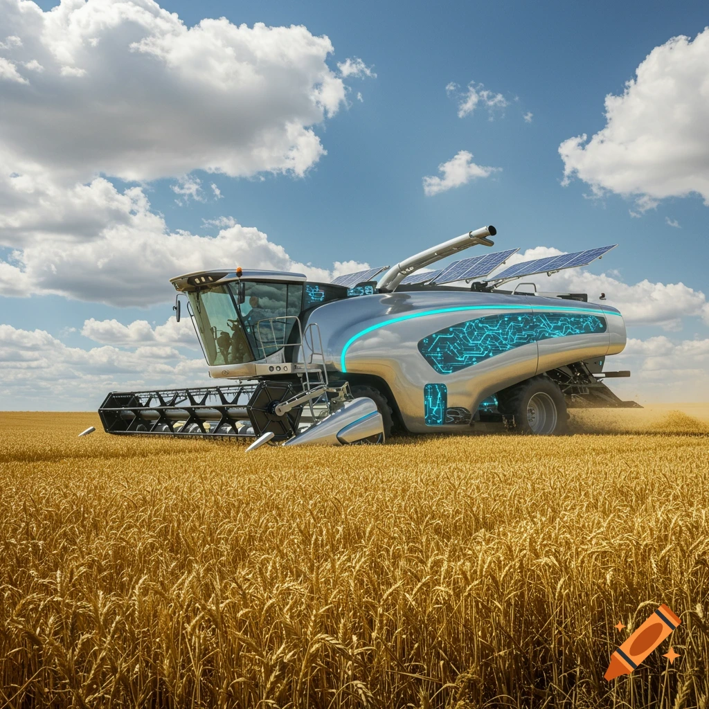 A futuristic silver combine harvester with glowing blue circuits and solar panels harvests wheat in a sunlit field under a blue sky.