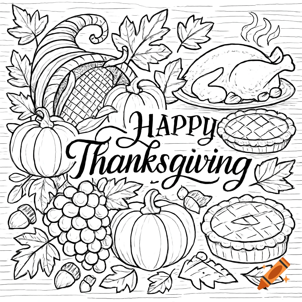 An outline drawing of Thanksgiving items including a cornucopia, pumpkins, roasted turkey, pies, grapes, and fall leaves, with 'Happy Thanksgiving' text.
