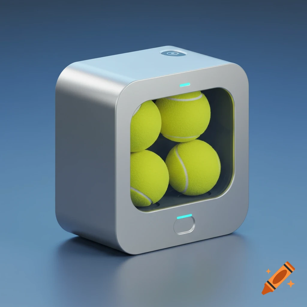 A small, modern silver box device with a transparent front displaying four yellow tennis balls, featuring blue indicator lights.