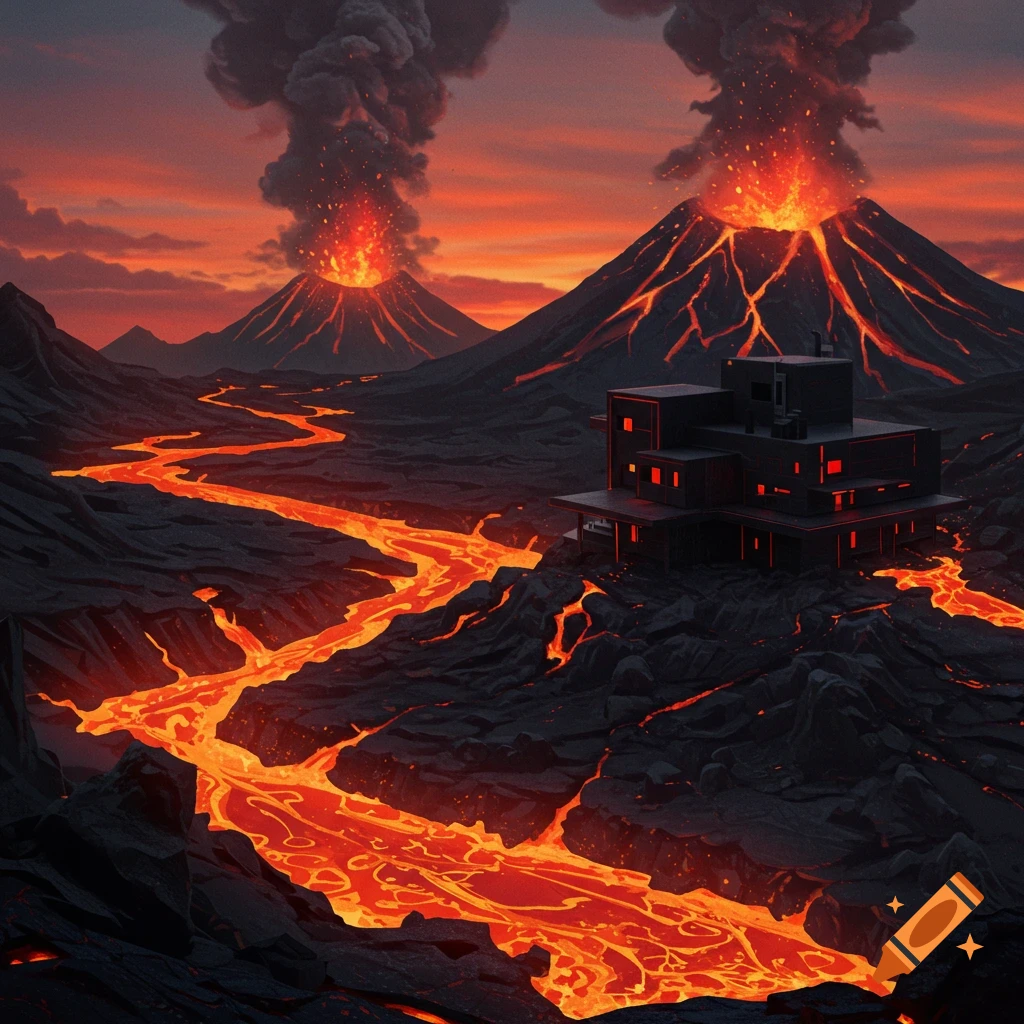 Erupting volcanoes with lava rivers flowing past a dark, modern house under a red and orange sky.