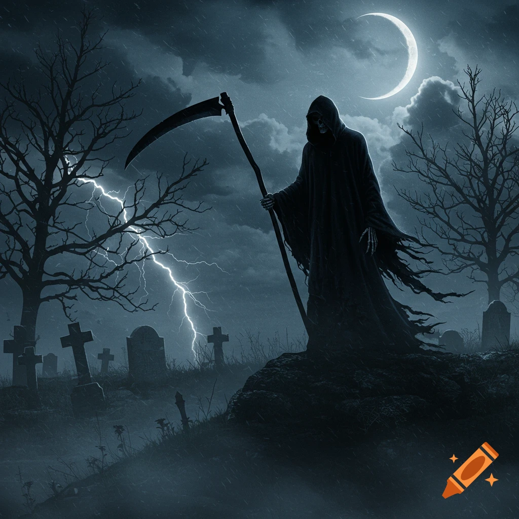A Grim Reaper figure stands with a scythe in a dark, stormy graveyard under a crescent moon and lightning.