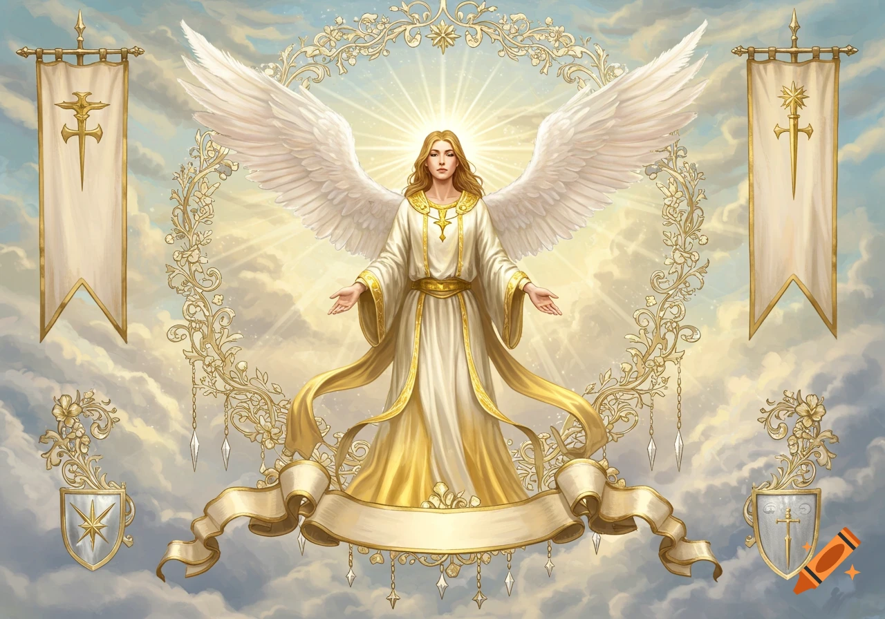 A golden-haired angel with white wings and white/gold robes stands in a cloudy sky, surrounded by ornate golden scrollwork and symbolic banners.