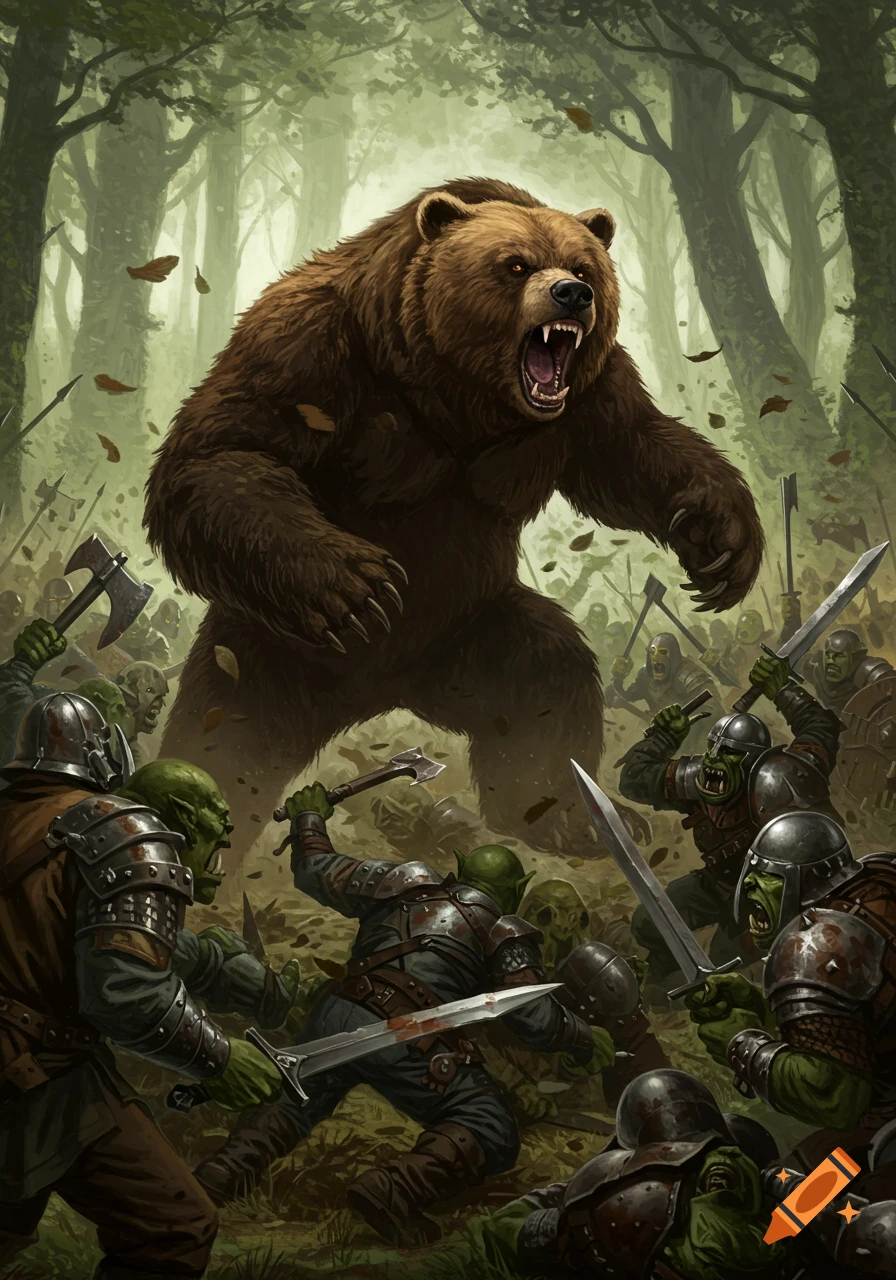 A colossal, roaring brown bear battles an army of green-skinned orcs with axes and swords in a misty forest, stylized fantasy art.