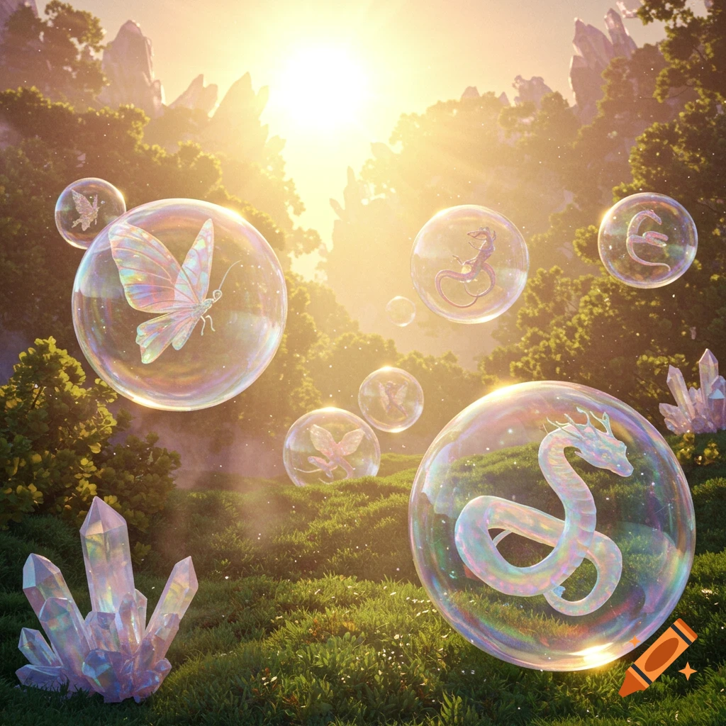 Sunny fantasy landscape with iridescent crystals and bubbles containing glowing butterflies, dragons, and fairy-like creatures.