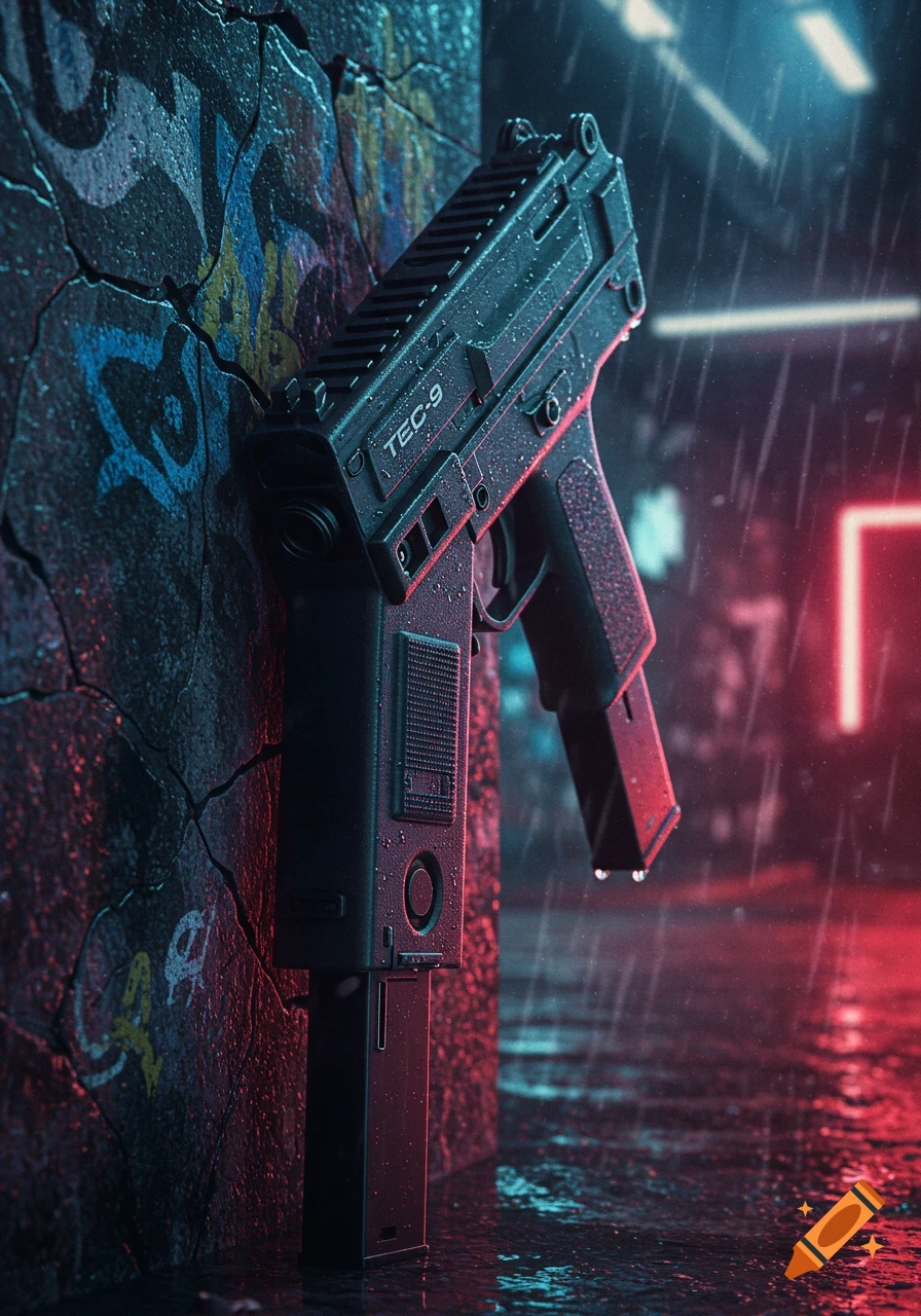 A photorealistic black Tec-9 submachine gun leans against a graffiti wall in the rain, lit by neon red and blue lights.