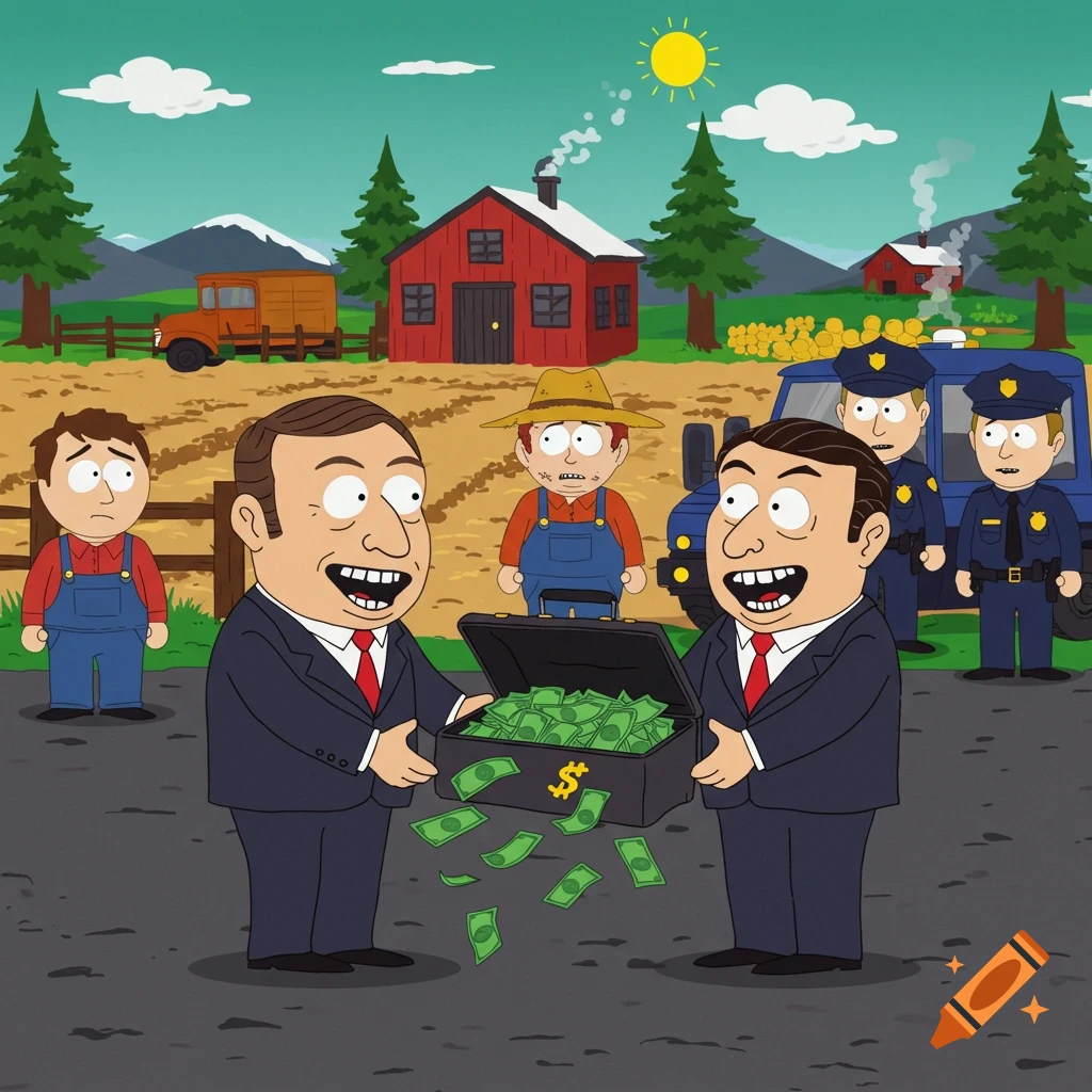 South Park style cartoon of two suited men exchanging a briefcase of cash, with a farmer being arrested by police in a rural setting.
