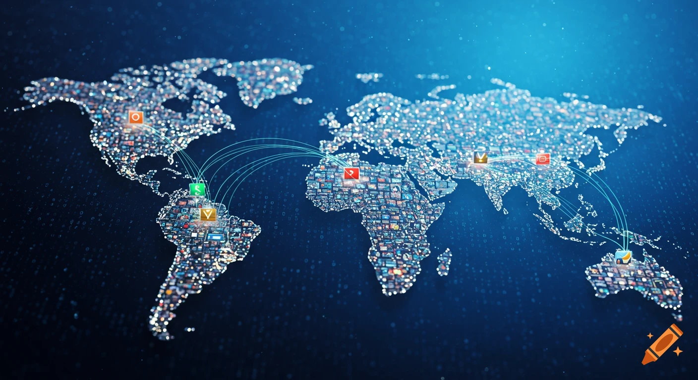 Digital world map composed of glowing data points and streaming thumbnails, with connecting lines between highlighted regions.