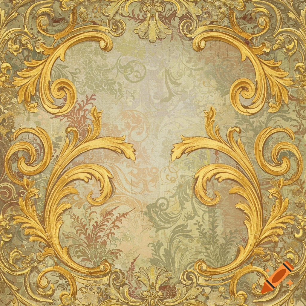 Ornate gold baroque scrollwork frames a distressed background with subtle floral patterns in muted green and beige.