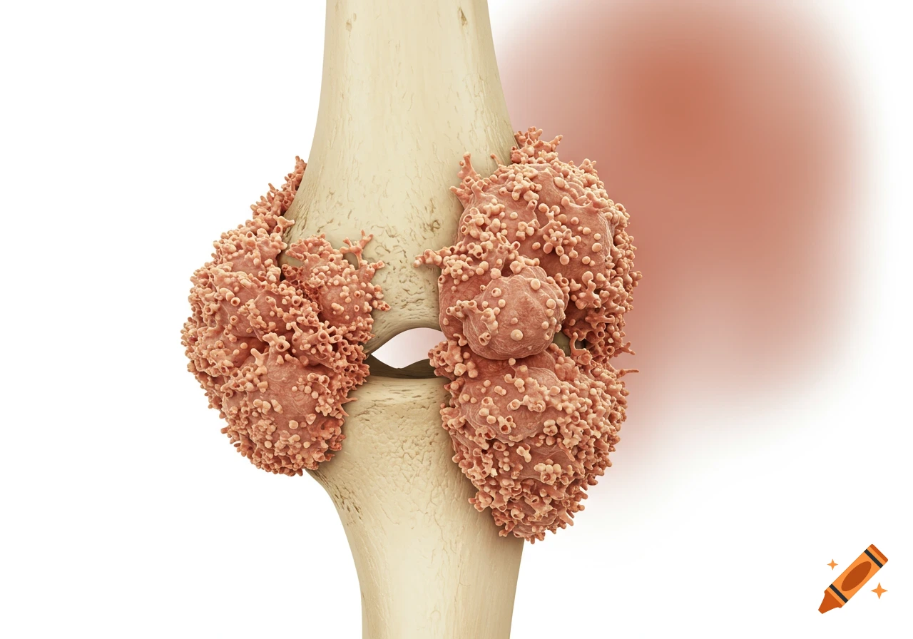 3D medical illustration of osteosarcoma (bone cancer) growing on a human femur.