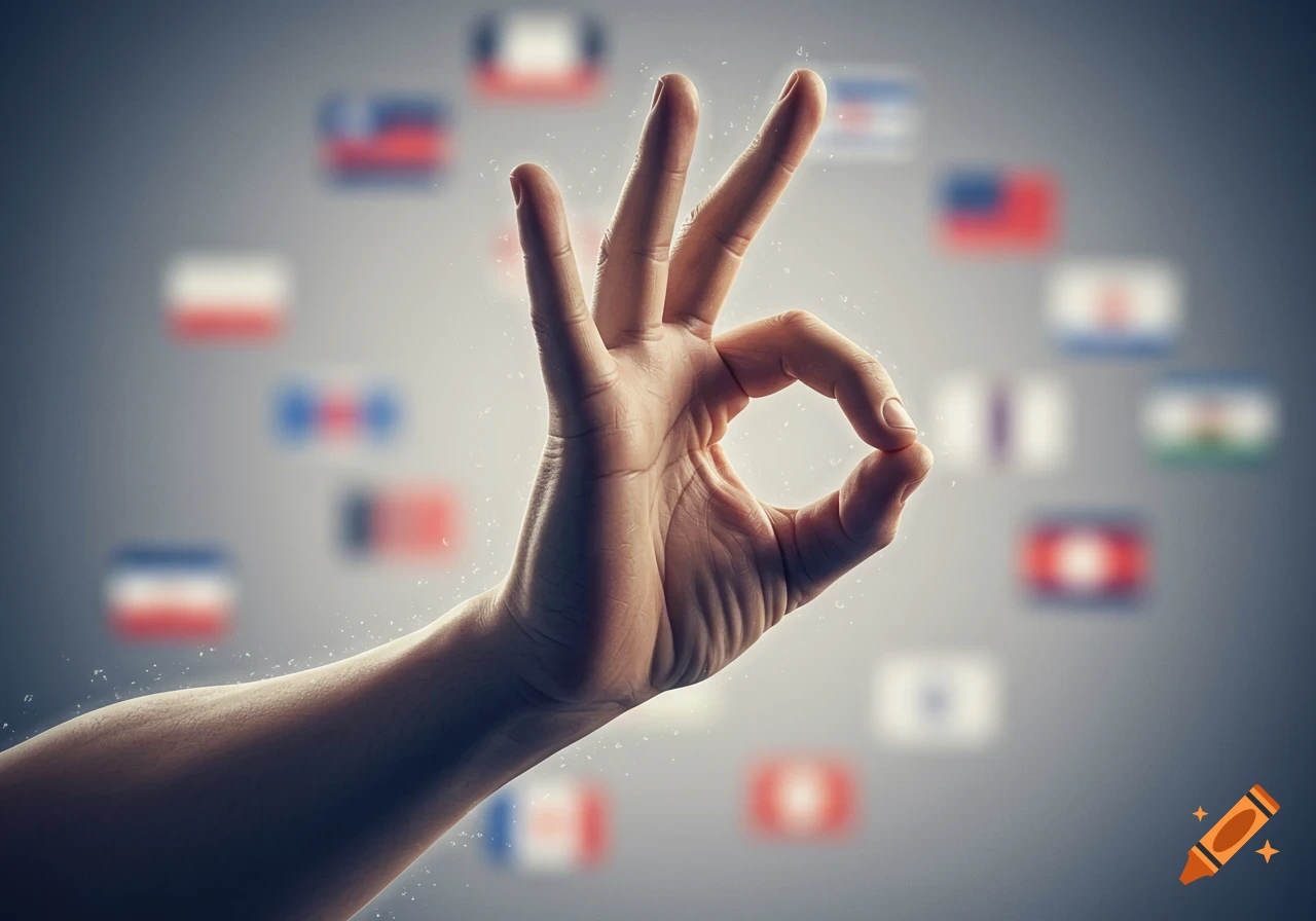 A human hand forms an OK gesture with its thumb and index finger, set against a blurred background of various national flags.