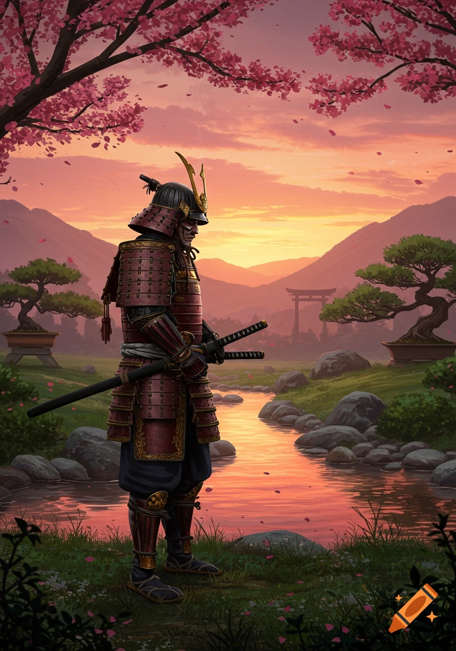 A samurai in red armor stands by a river under cherry blossoms at sunset, with mountains and a torii gate in a Japanese landscape.