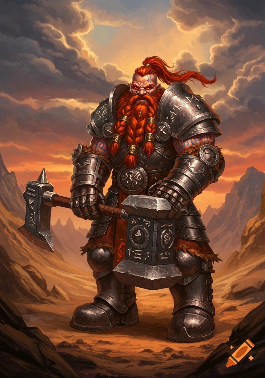 A muscular dwarven warrior with a braided red beard and mohawk, wearing heavy armor and holding a large two-handed hammer, stands in a rocky desert landscape under an orange sky.