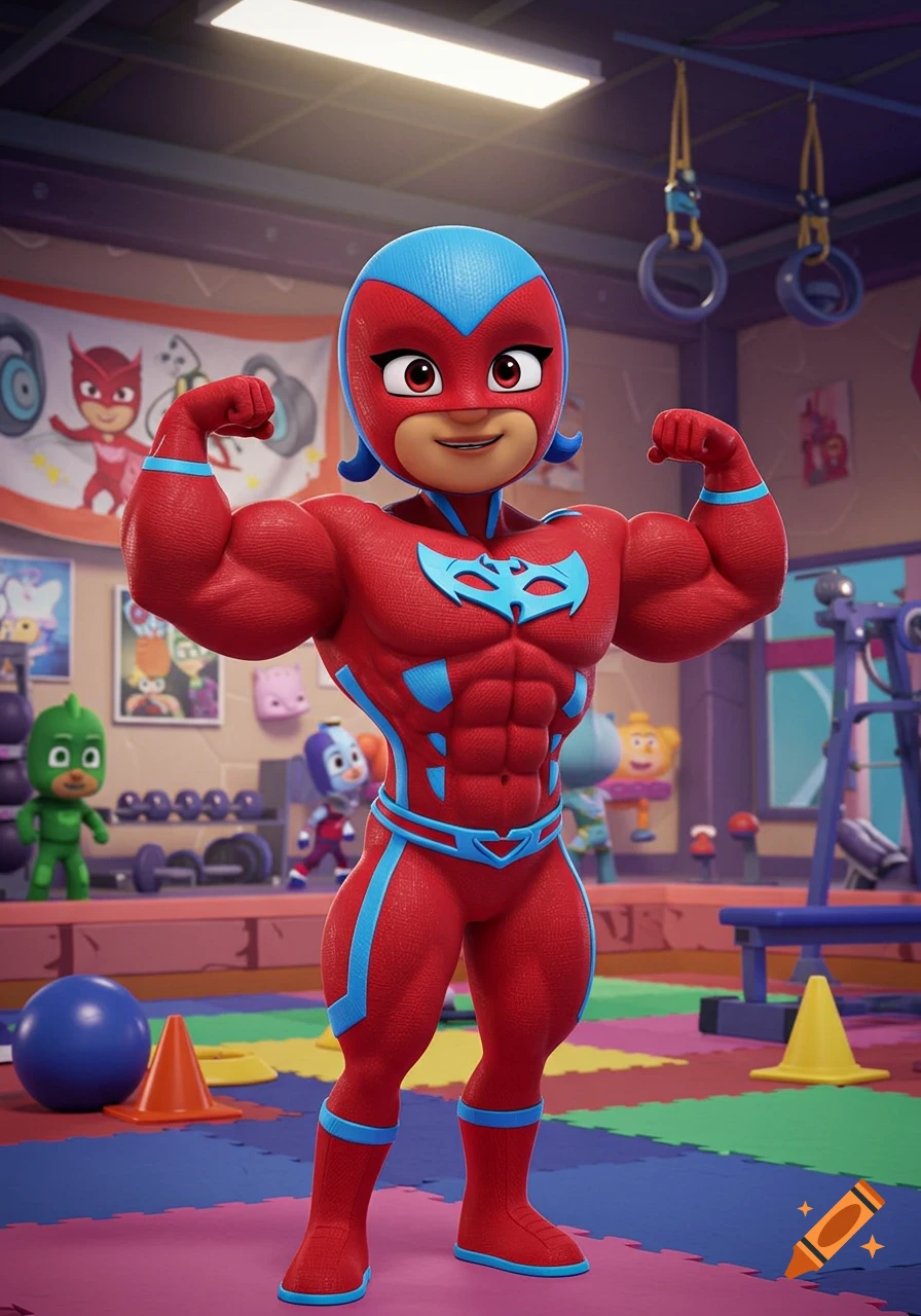 A muscular cartoon female masked wrestler in a red and blue suit flexes her arms in a gym, with other cartoon characters in the background.