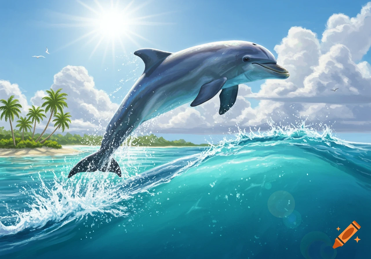 A vibrant illustration of a dolphin leaping out of turquoise ocean waves with a tropical island and sunny sky in the background.