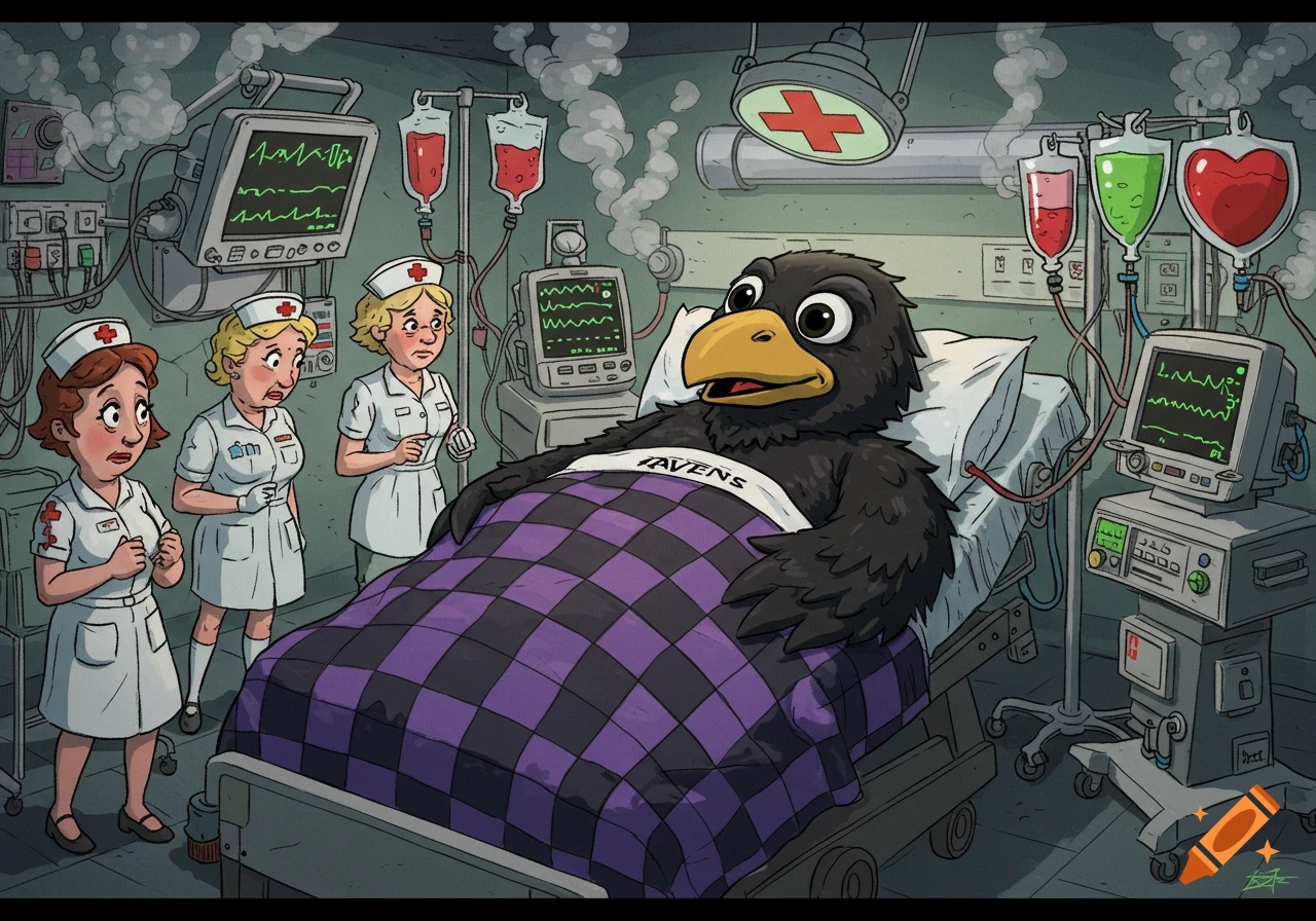A cartoon of the Baltimore Ravens mascot in a hospital bed, surrounded by worried nurses and medical equipment.