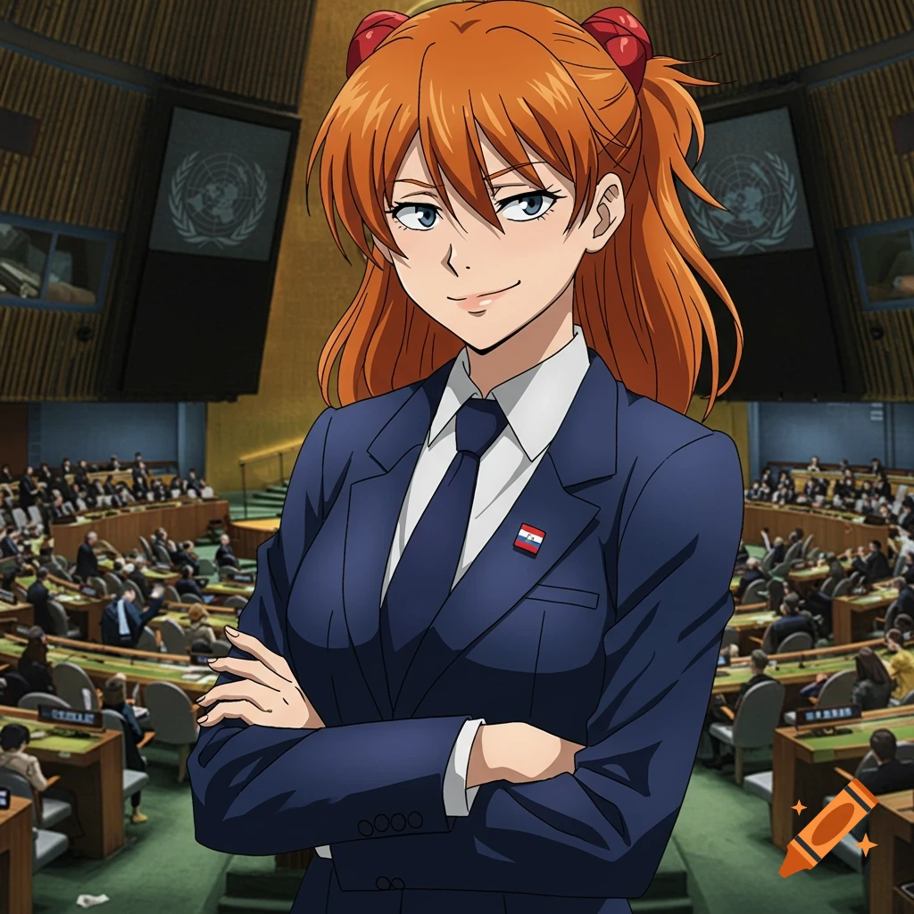 An anime character with orange hair, Asuka Langley Soryu, in a navy suit, stands with crossed arms in a United Nations assembly hall.