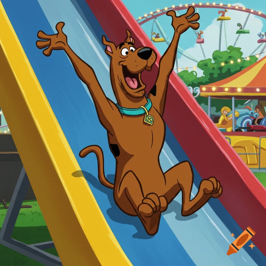 Scooby Doo joyfully sliding down a colorful blue, red, and yellow slide at an amusement park.