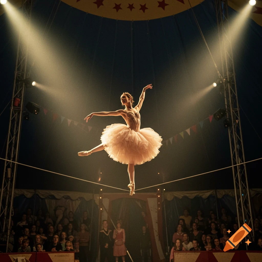 A ballet dancer in a tutu balances gracefully on a high wire under spotlights in a circus tent, watched by an audience.