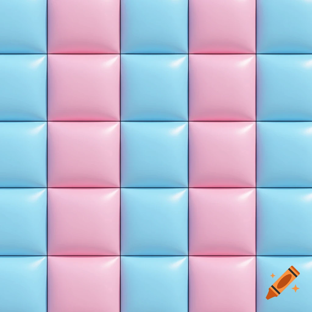 Seamless pattern of alternating light blue and pink puffed square tiles, separated by thin black lines, resembling a rubber texture.