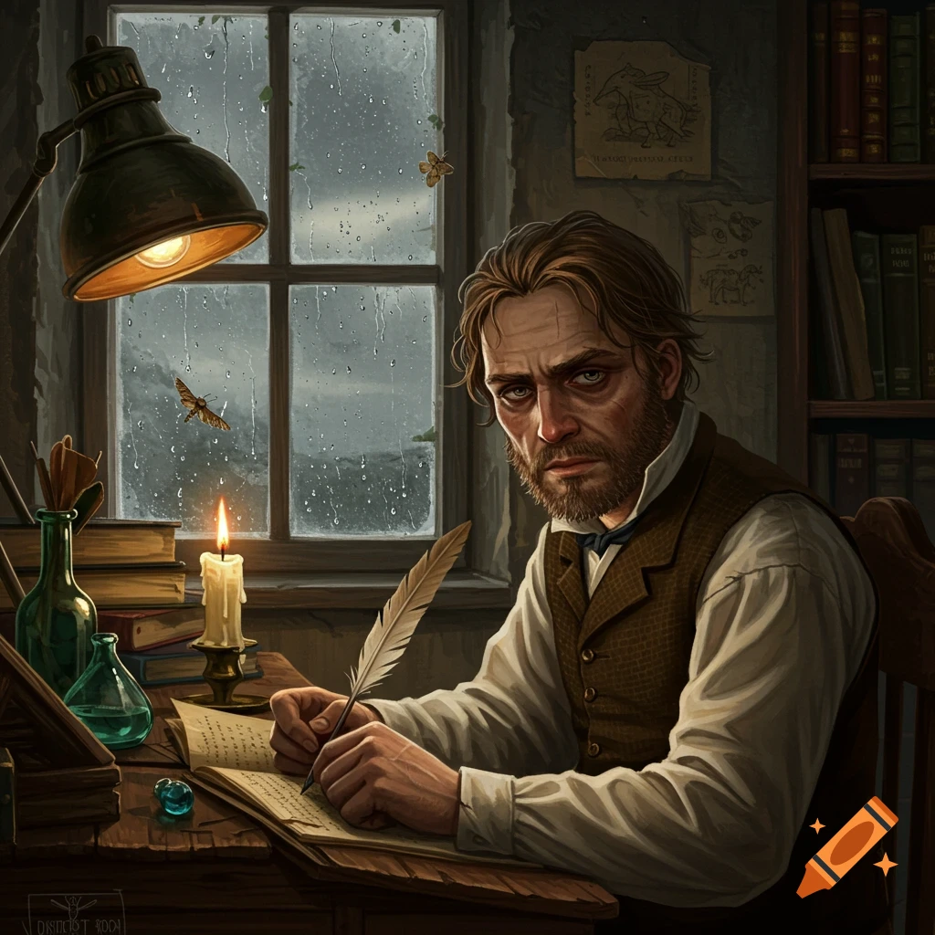 A bearded man in historical attire writes with a quill at a wooden desk in a dimly lit room as rain streaks down the window.