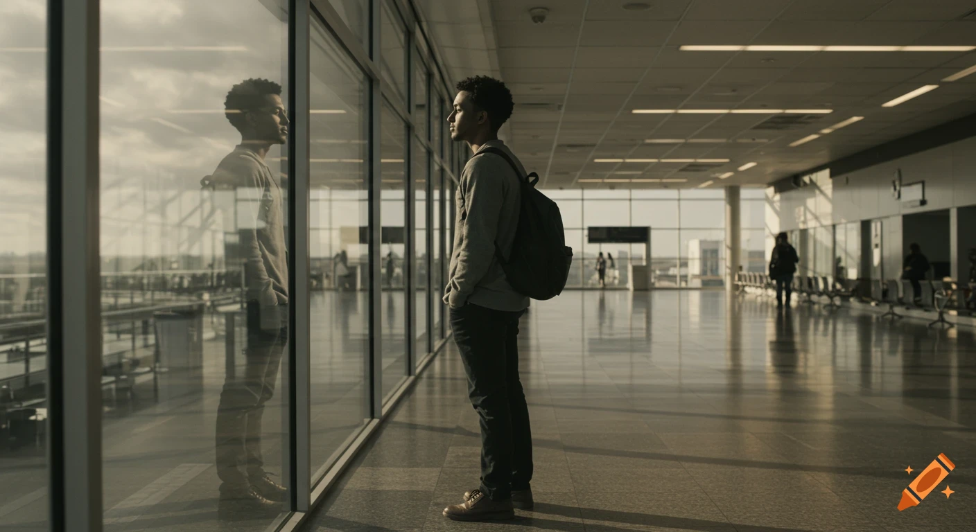 A young man with a backpack stands looking out of large windows in a sunlit airport terminal, his reflection visible.