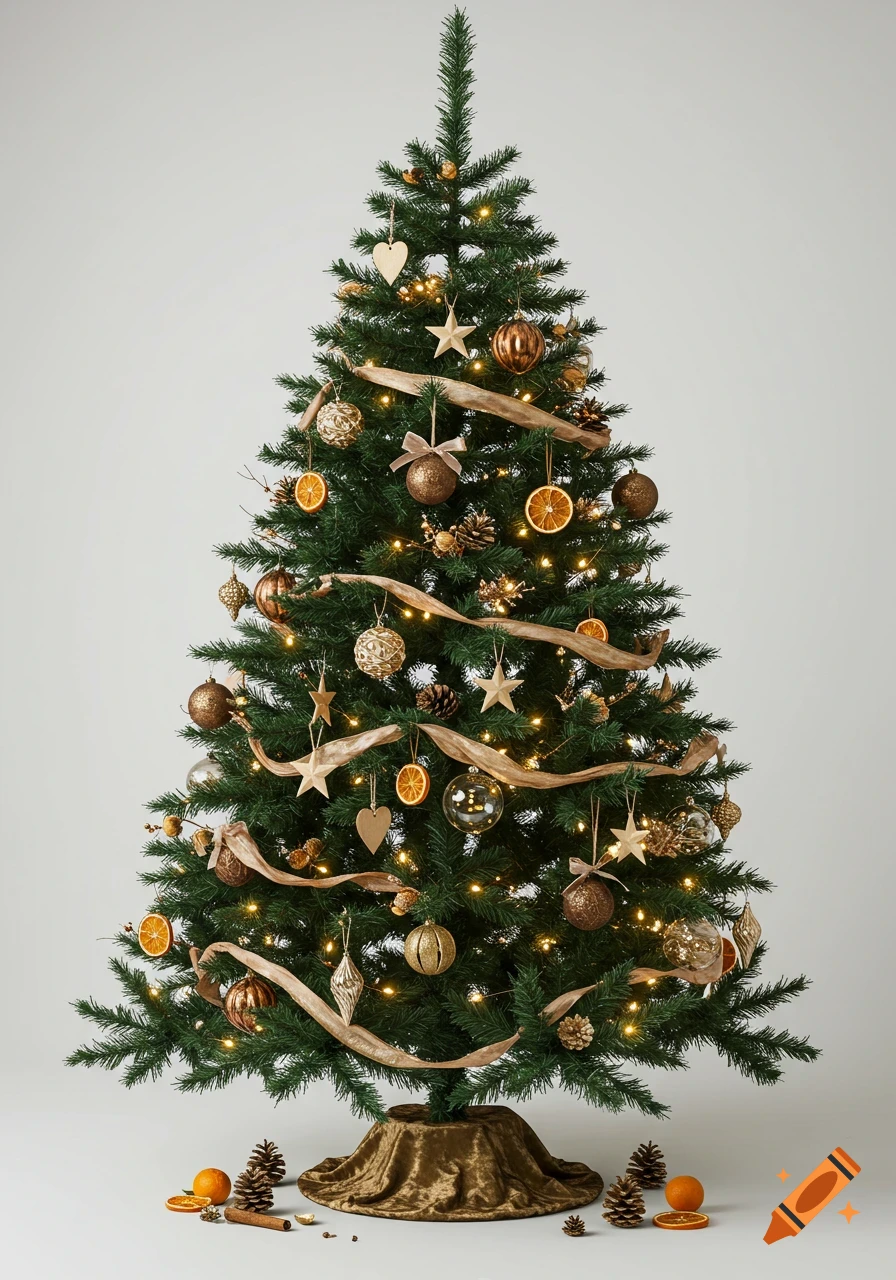 A festive Christmas tree decorated with warm lights, gold and bronze ornaments, velvet ribbons, dried orange slices, pinecones, and wooden stars and hearts, against a light grey background.