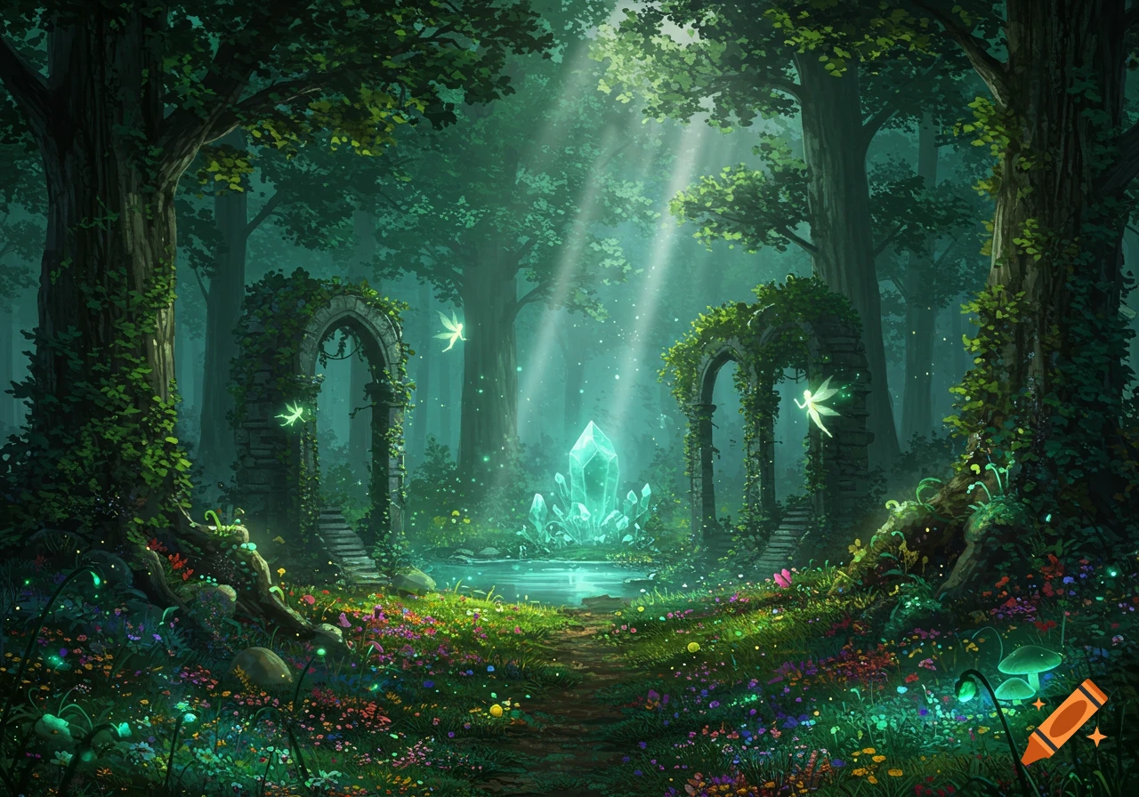 A mystical forest path leads to glowing blue crystals in a pool, framed by ivy-covered arches, with fairies and luminous plants.