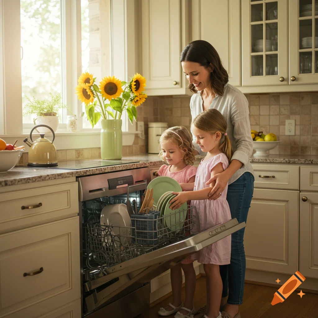 A mother and two young daughters load green plates into an open dishwasher in a sunlit kitchen.