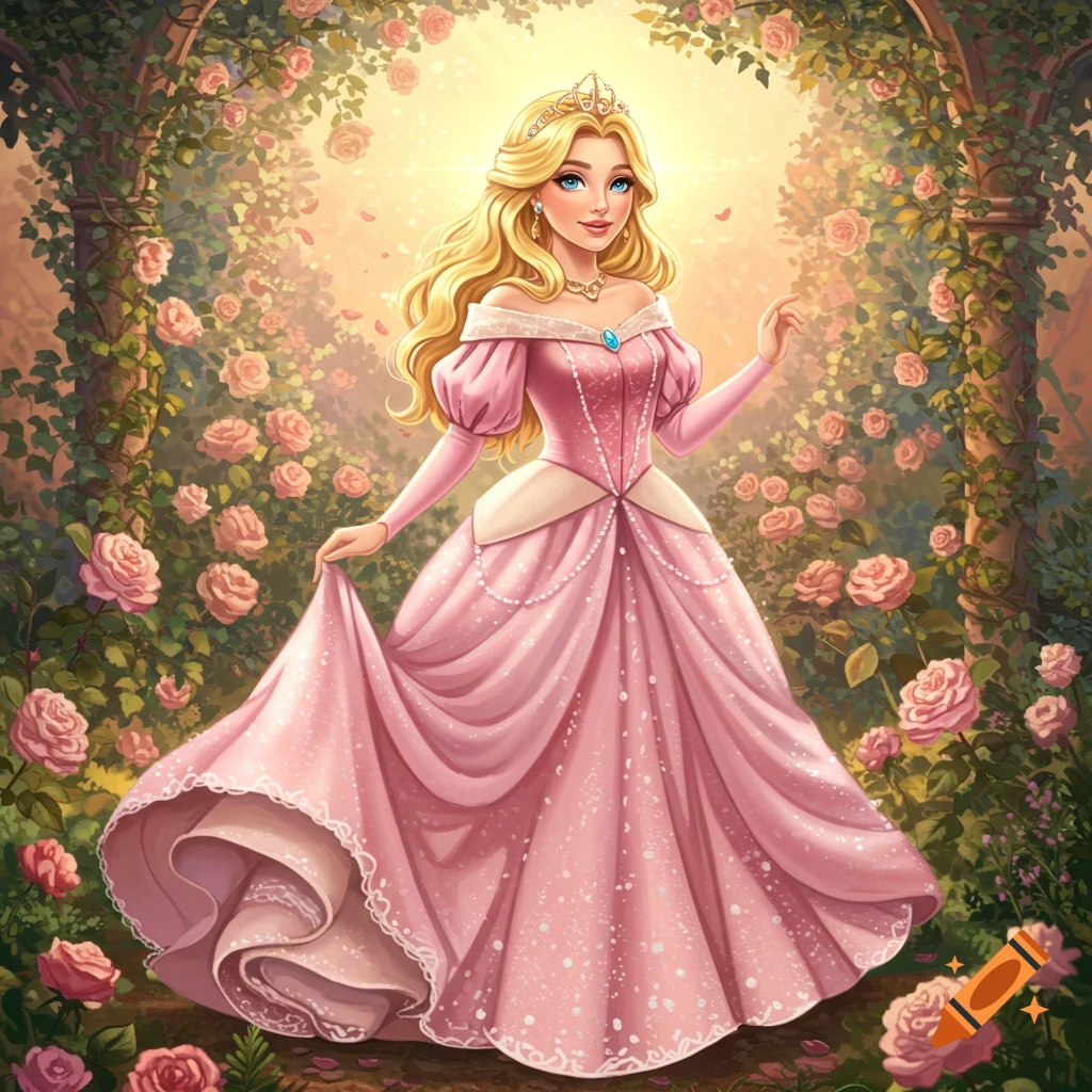 A blonde princess in a puffy pink gown stands gracefully in a lush rose garden under a golden sky.