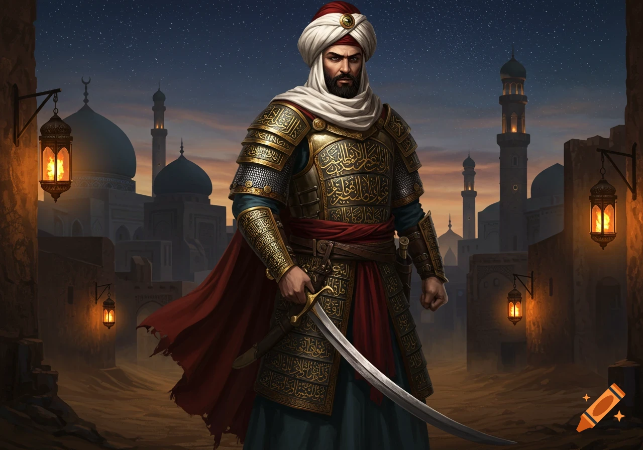 A stylized illustration of a stern Muslim warrior in ornate golden ...