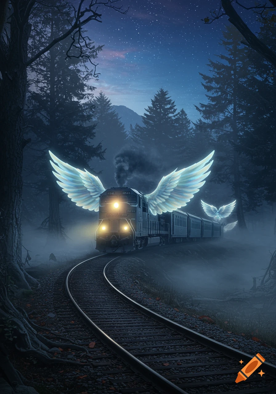 A glowing winged train travels on a winding track through a dark, misty forest under a star-filled night sky.
