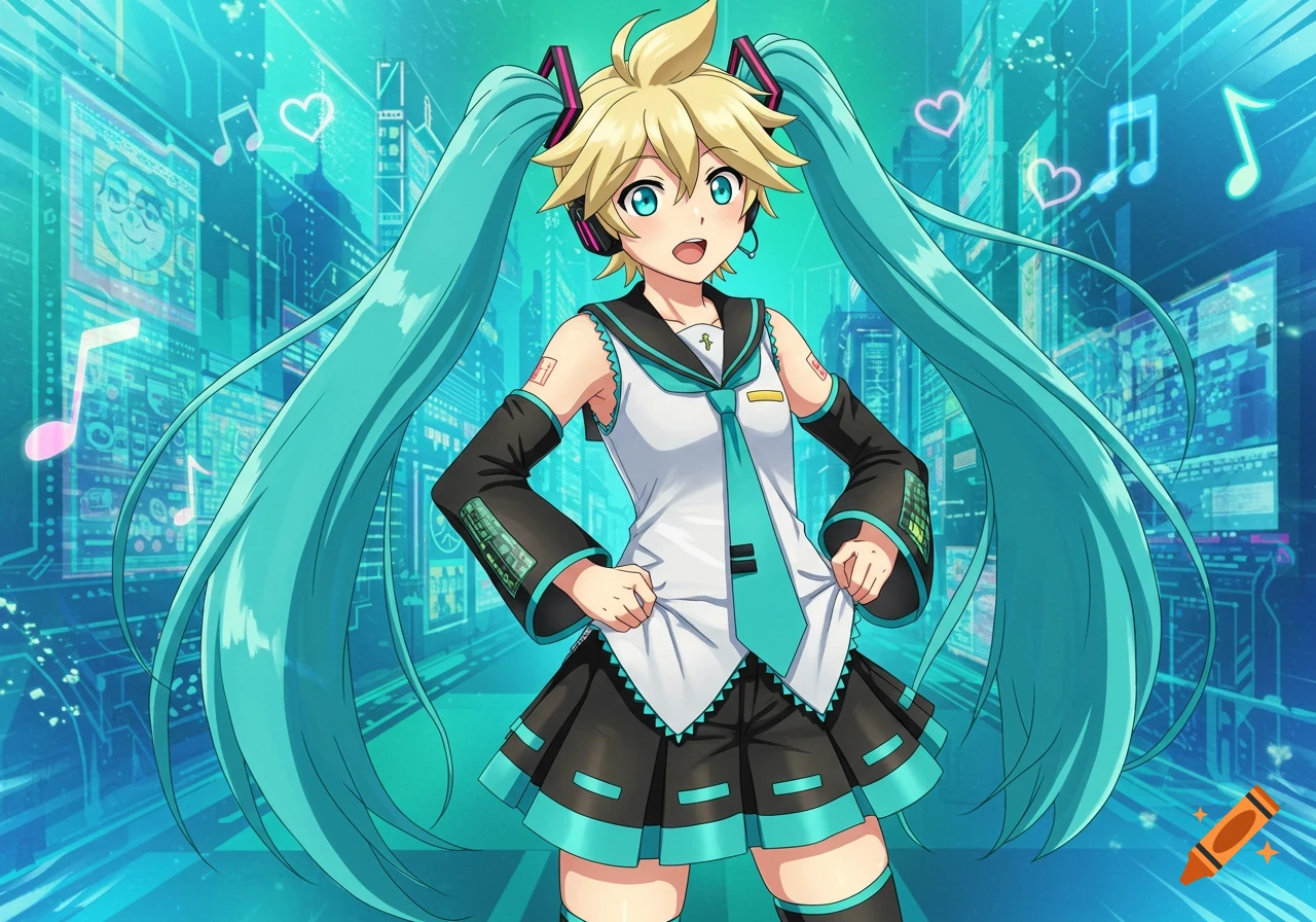 Anime character with blonde hair, blue eyes, and long teal pigtails in a white, black, and teal outfit, standing against a futuristic cityscape background with music notes.