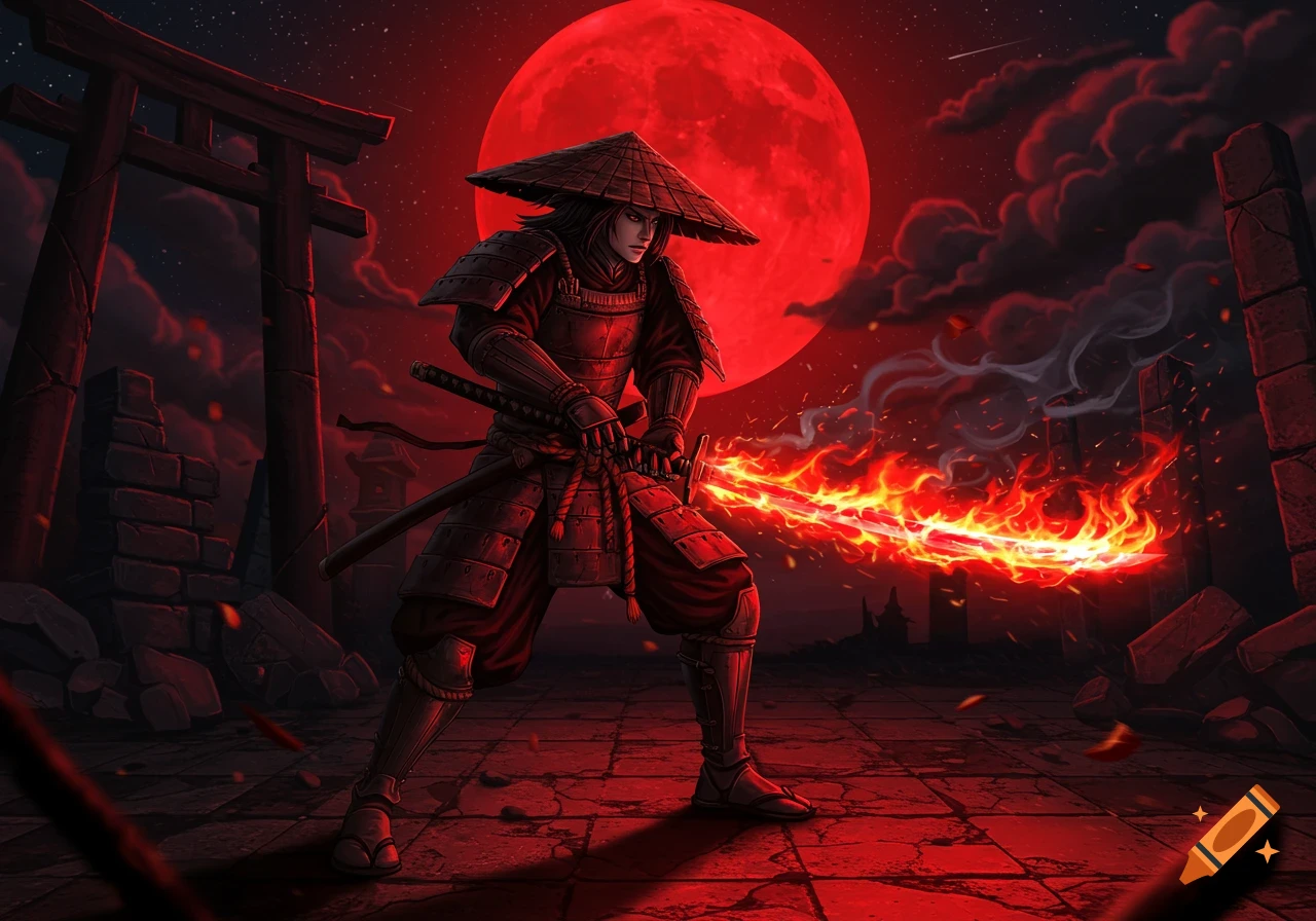 An anime-style samurai warrior stands holding a flaming katana under a giant red moon, with a torii gate and ruins.