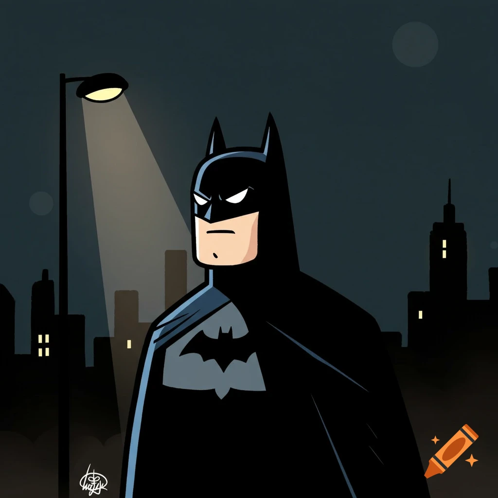 Cartoon Batman in a dark city, standing under a streetlamp with a cityscape in the background.