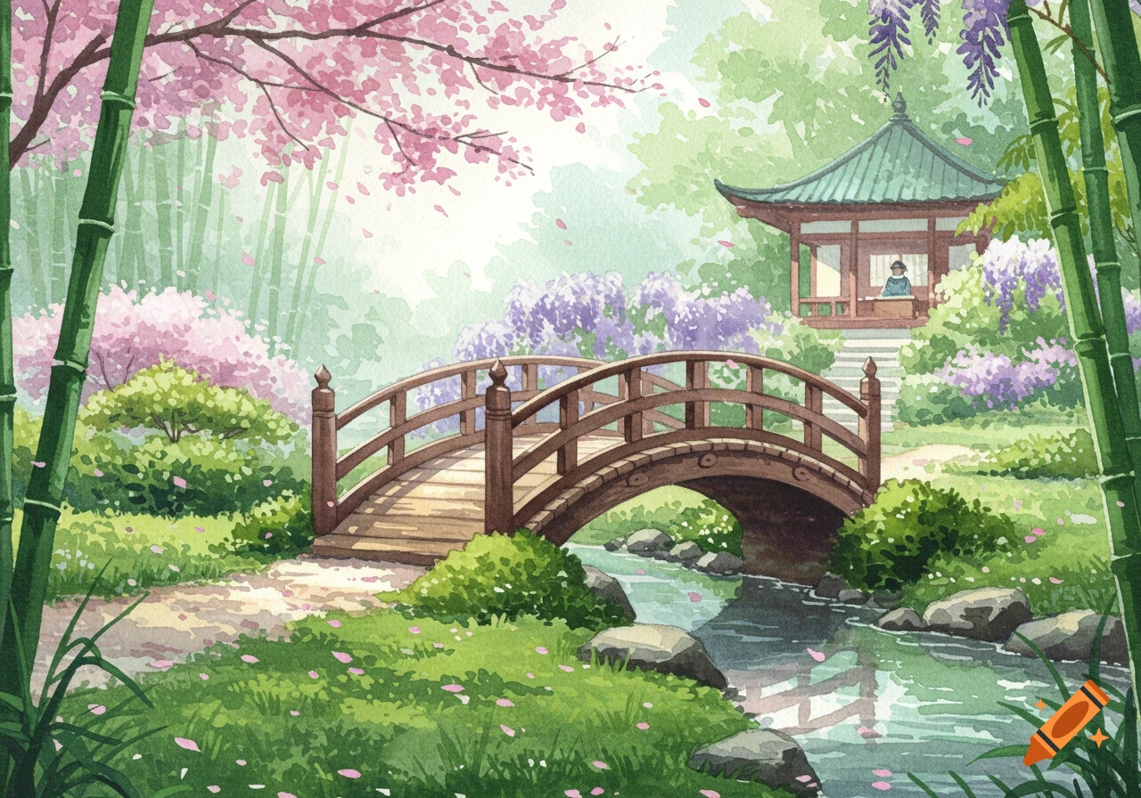 A watercolor painting of a serene Japanese garden with a wooden arched bridge over a stream, cherry blossoms, bamboo, and a gazebo.