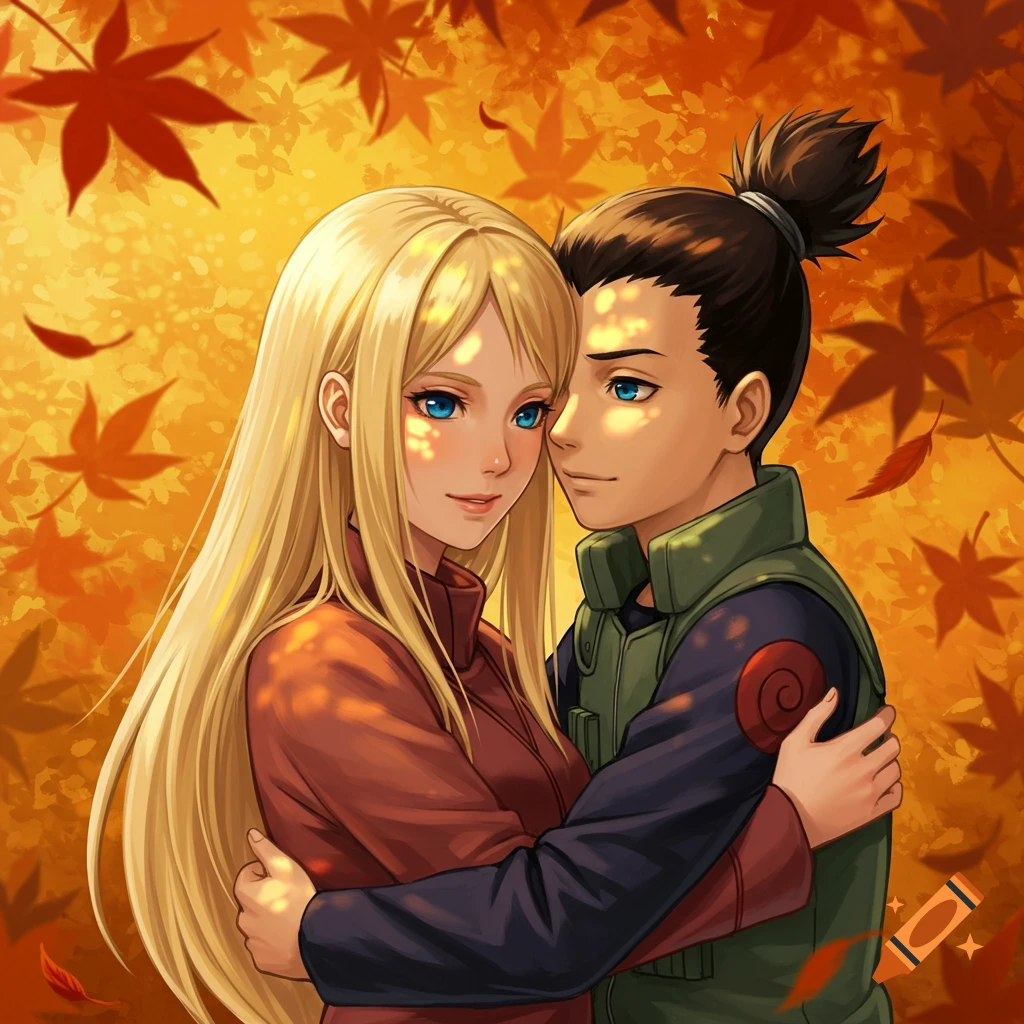 Anime-style illustration of a blonde woman with blue eyes embracing a man with dark hair in a ponytail, set against a warm autumn background with maple leaves.